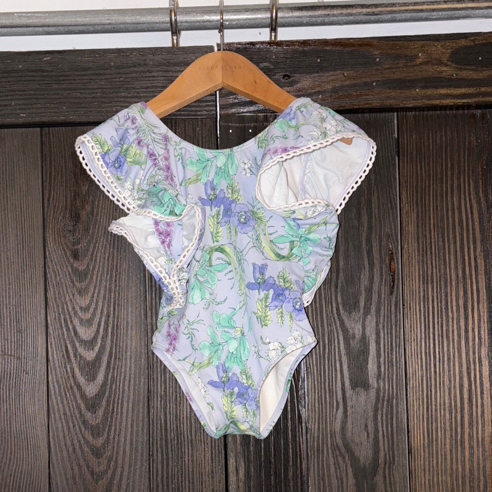 Janie and Jack Floral Ruffle Swimsuit - Green and Purple